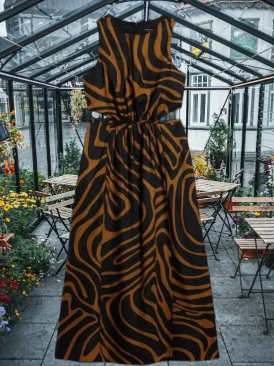 Banana Republic Brown Zebra Print Linen Blend Cut-Out Midi Dress Size:12 NWOT - Picture 9 of 12